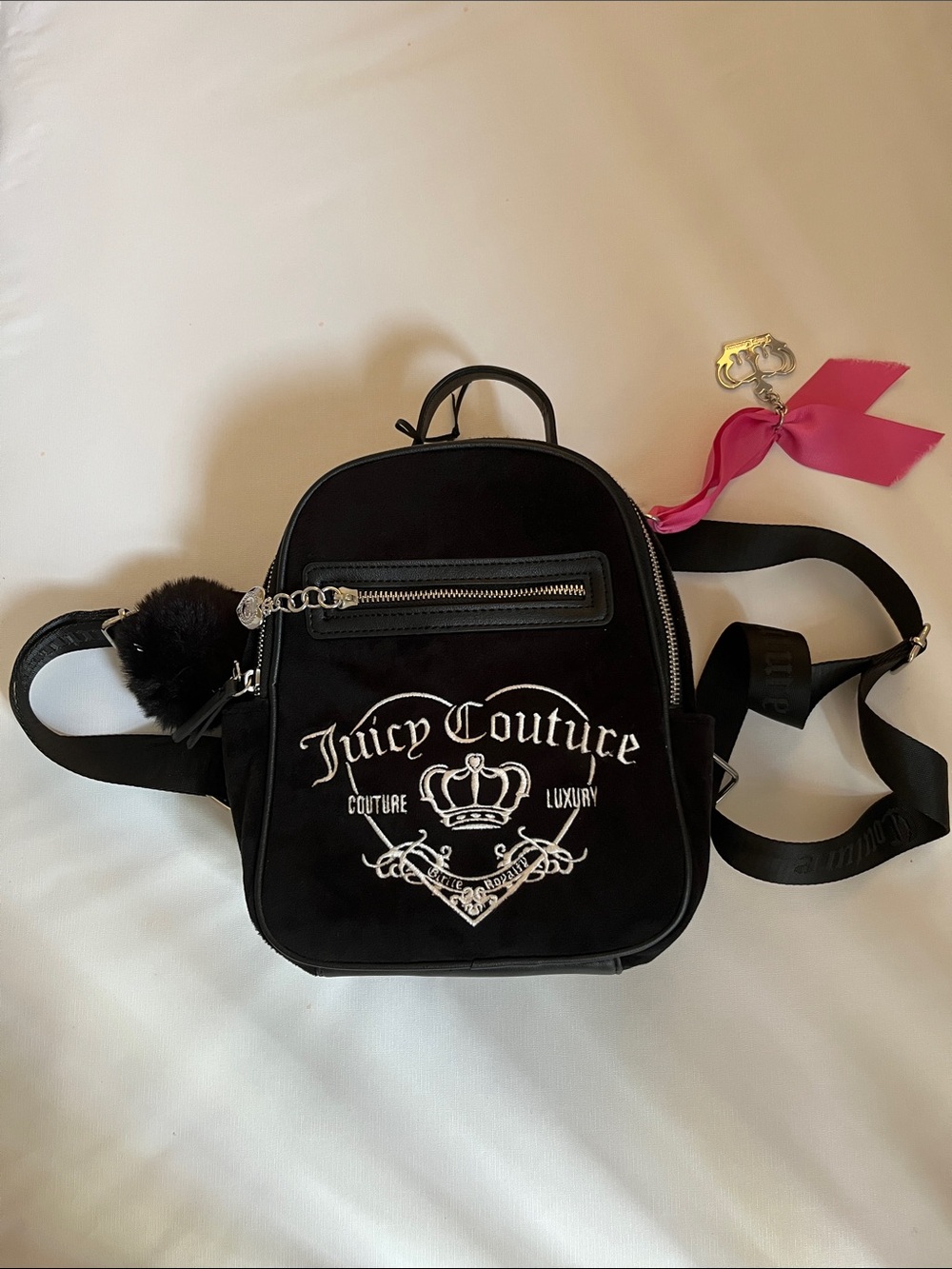 Juicy Couture Black Velvet Mini Backpack with Pink Ribbon Charm